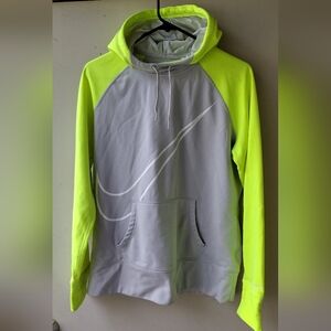 NIKE Hoodie Women's Large Therma Fit Neon Volt Yellow Gray Logo Sweatshirt